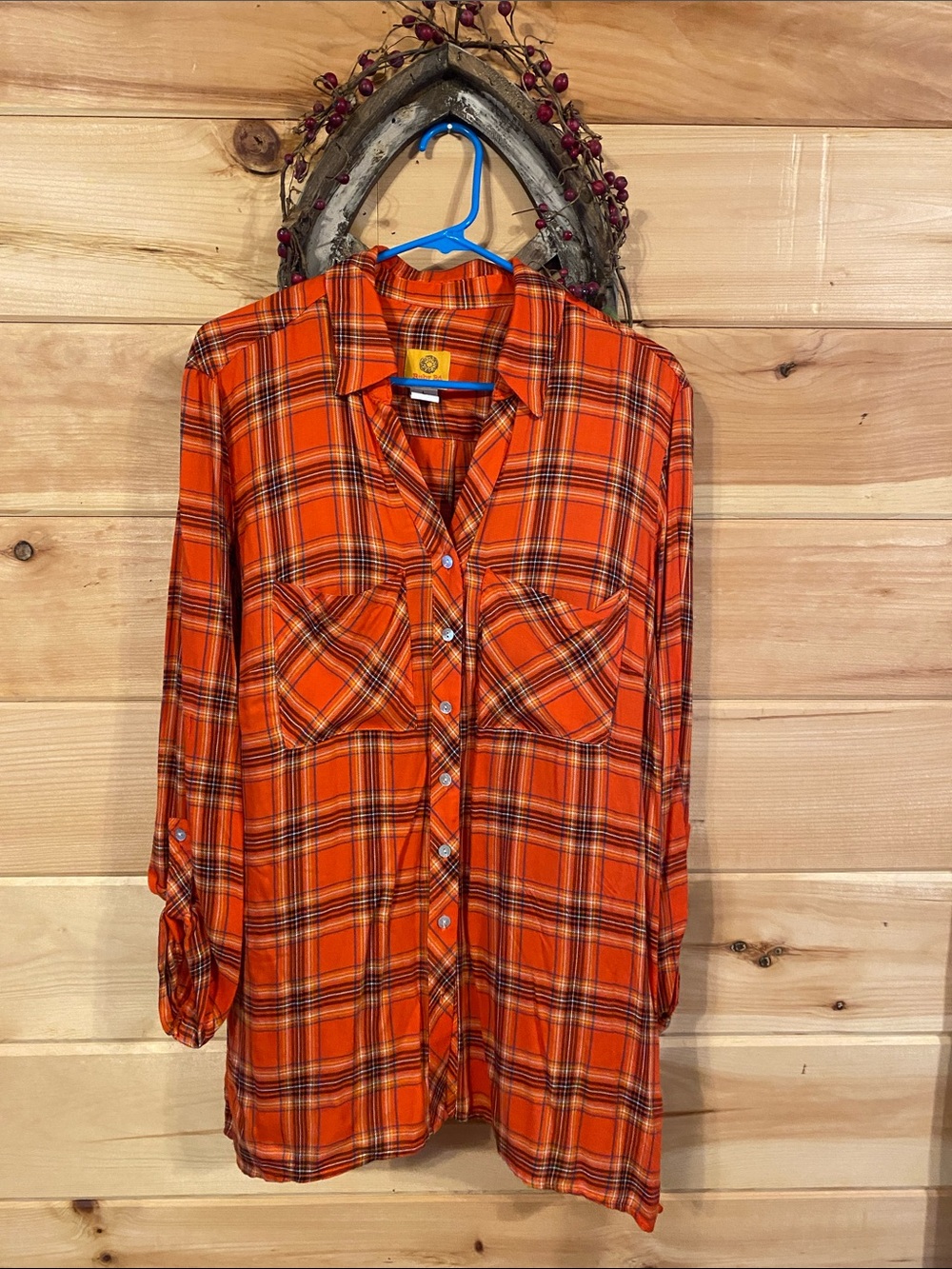 $13-Ruby Rd. Large Orange Plaid Long-Sleeve Shirt